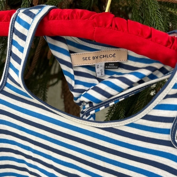 See by Chloé Blue & White Stripes Cotton Peep-Shoulder Racerback Dress | Small - Picture 4 of 9